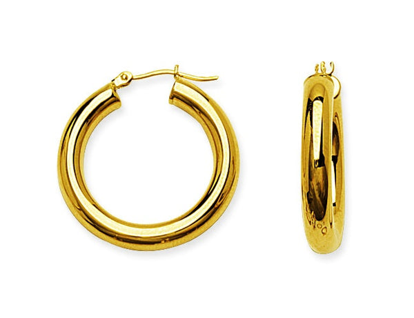 14K Yellow Gold Round Tube Polished 4mm Hoop Earrings