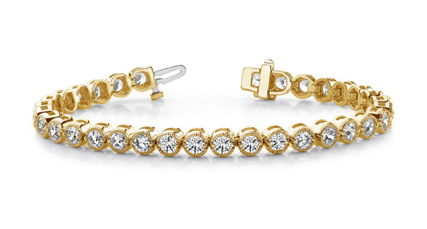 14K Yellow Gold Diamond Milgrain Bezel Tennis Bracelet-Tennis Bracelet-VIMCO DIAMOND CORP-YELLOW GOLD-