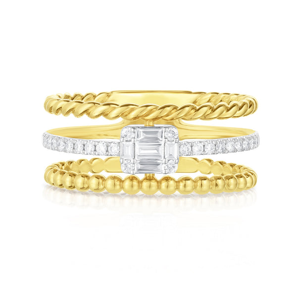 14K Yellow Gold Emerald Illusion Diamond Triple Ring