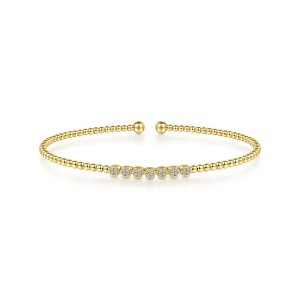 14K Yellow Gold Diamond Top Beaded Open Bangle