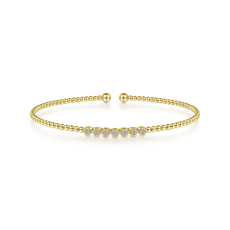 14K Yellow Gold Diamond Top Beaded Open Bangle
