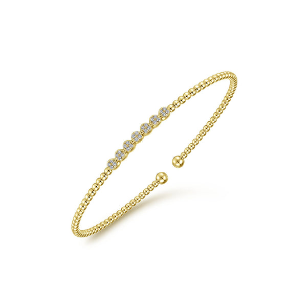 14K Yellow Gold Diamond Top Beaded Open Bangle