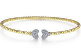 14K White & Yellow Gold Split Cuff Bracelet Pave Diamond Hearts