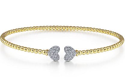 14K White & Yellow Gold Split Cuff Bracelet Pave Diamond Hearts