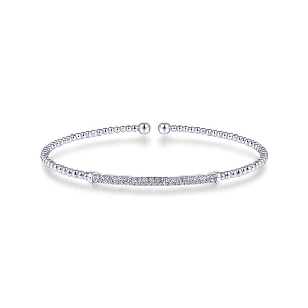 14K White Gold Diamond Pave Top Bead Open Cuff