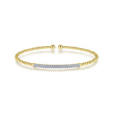 14K Yellow Gold Diamond Pave Top Bead Open Cuff