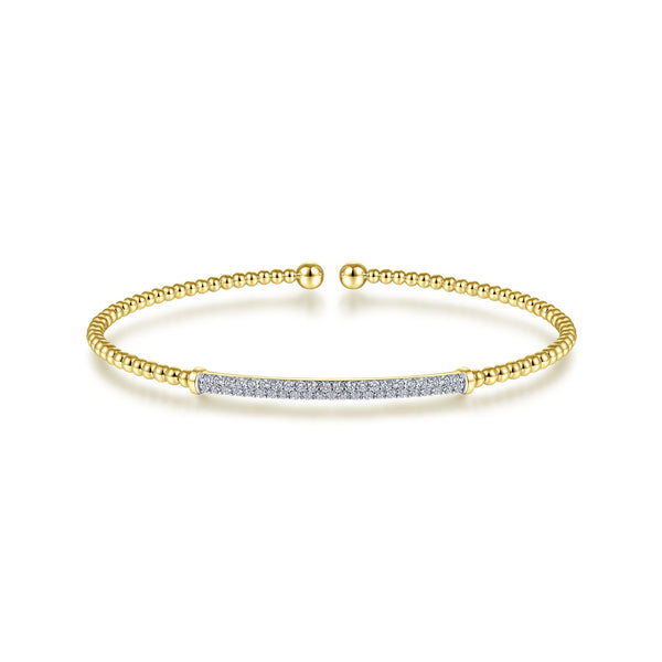 14K Yellow Gold Diamond Pave Top Bead Open Cuff