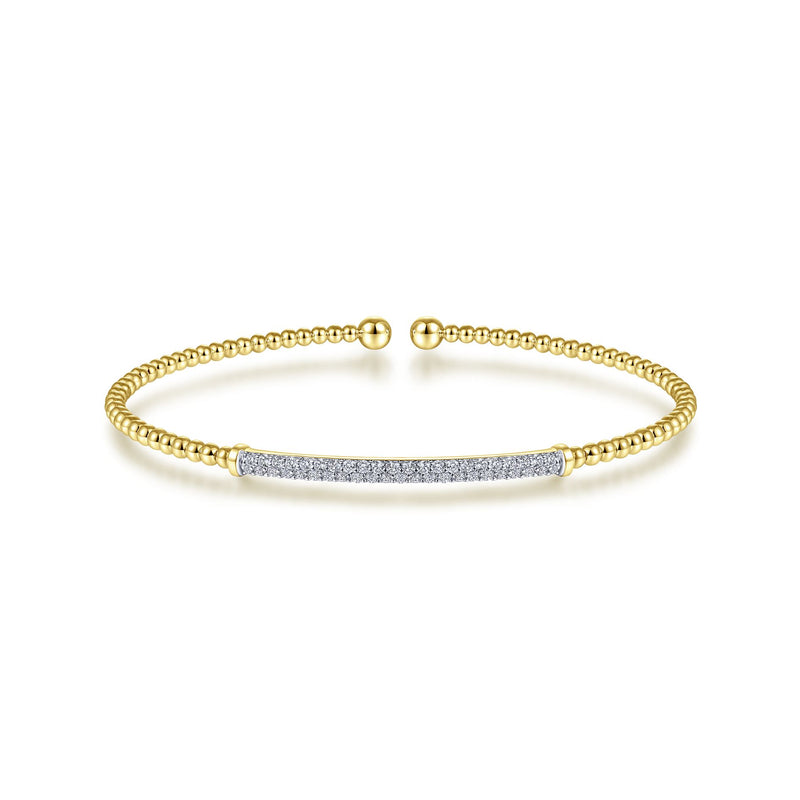 14K Yellow Gold Diamond Pave Top Bead Open Cuff