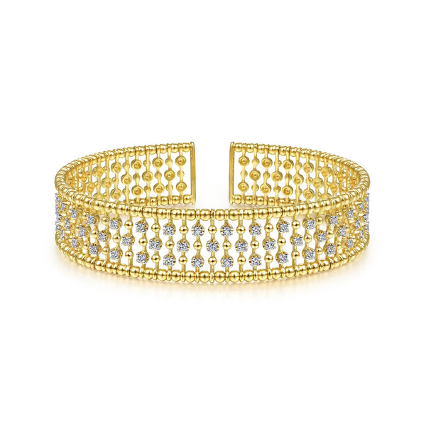 14K Yellow Gold Diamond Beaded Open Bangle