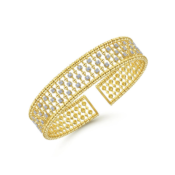 14K Yellow Gold Diamond Beaded Open Bangle