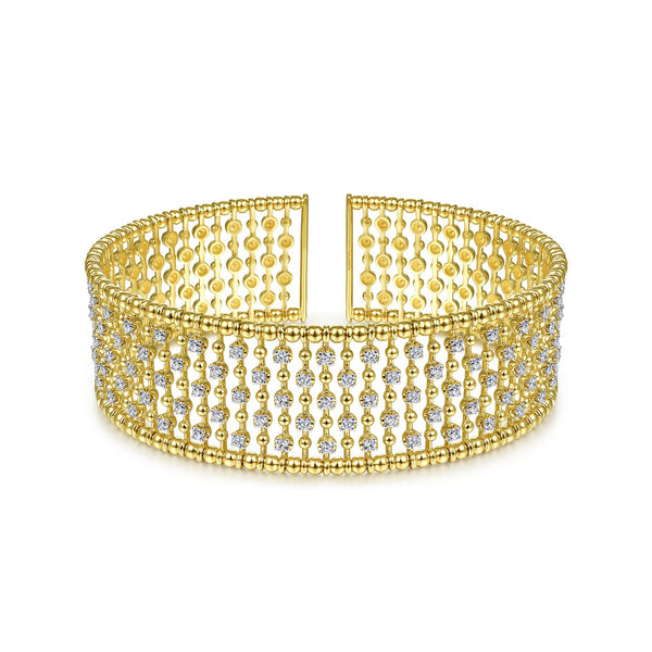 14K Yellow Gold Diamond Beaded Wide Open Bangle-Bracelets-gabriel & co-