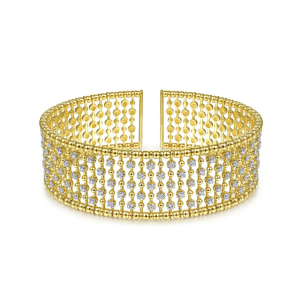 14K Yellow Gold Diamond Beaded Wide Open Bangle