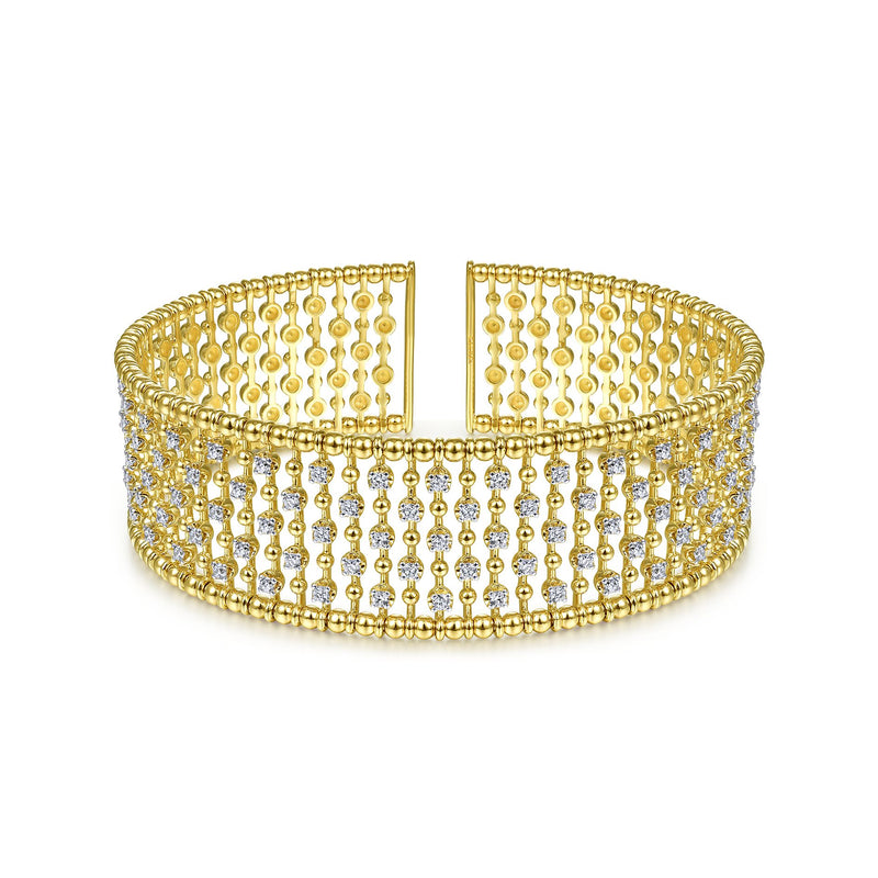 14K Yellow Gold Diamond Beaded Wide Open Bangle