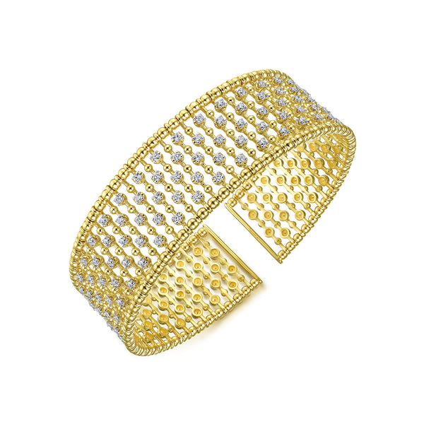 14K Yellow Gold Diamond Beaded Wide Open Bangle