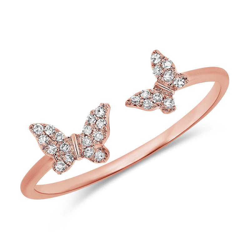 14K Rose Gold Diamond Double Butterfly Open Cuff Ring
