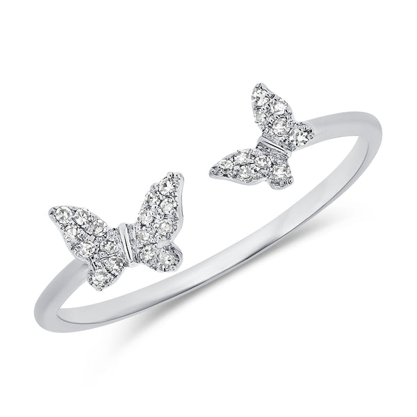 14K Yellow Gold Diamond Double Butterfly Open Cuff Ring