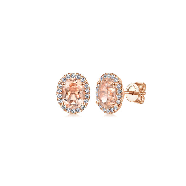 14K Rose Gold Diamond Halo and Oval Morganite Stud Earrings