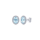 14K White Gold Diamond Halo and Oval Aquamarine Stud Earrings