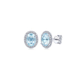 14K White Gold Diamond Halo and Oval Aquamarine Stud Earrings