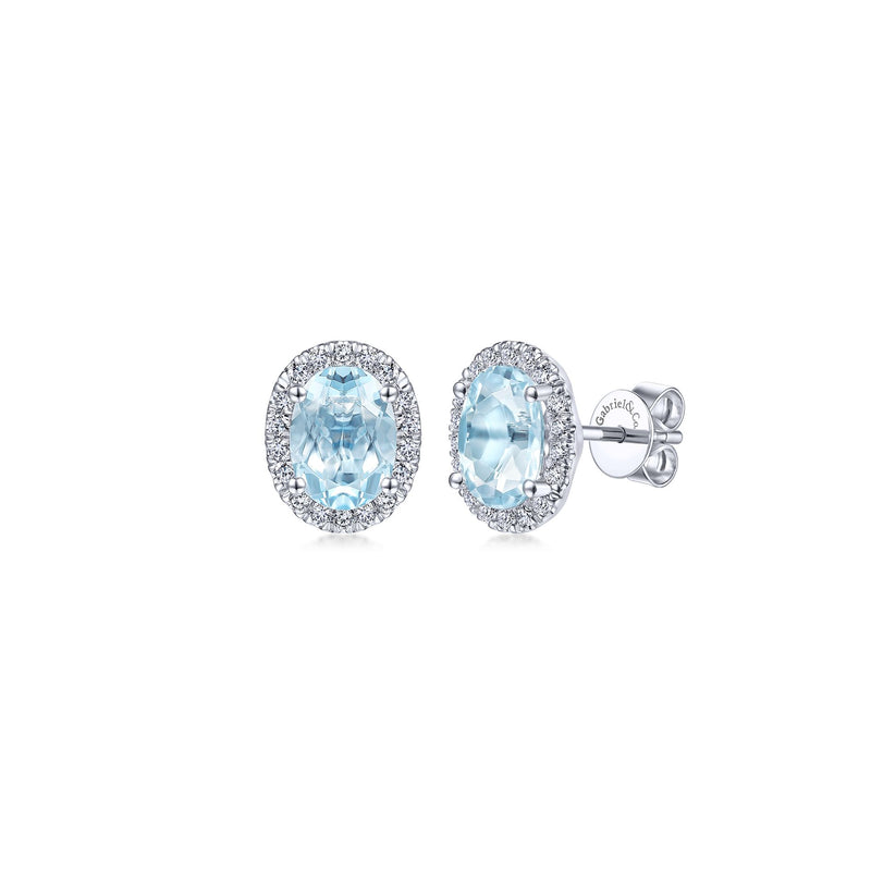 14K White Gold Diamond Halo and Oval Aquamarine Stud Earrings