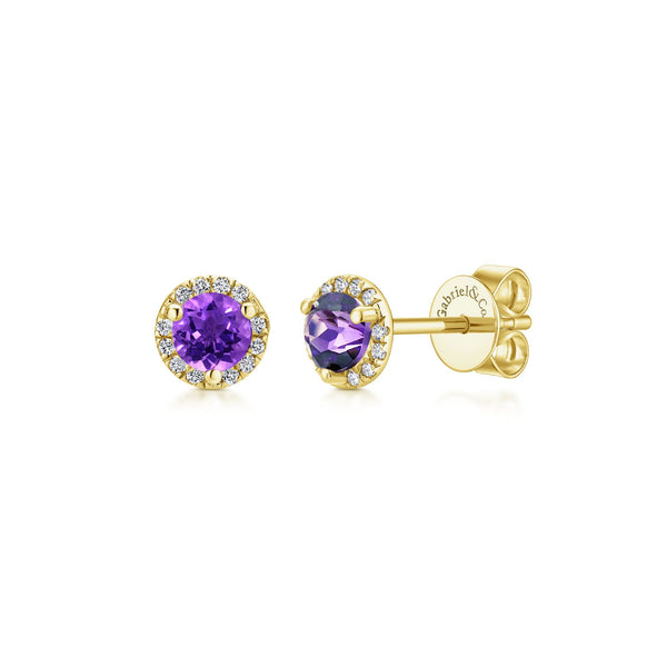 14K Yellow Gold Diamond and Amethyst Stud Earrings-EARRINGS-gabriel & co-
