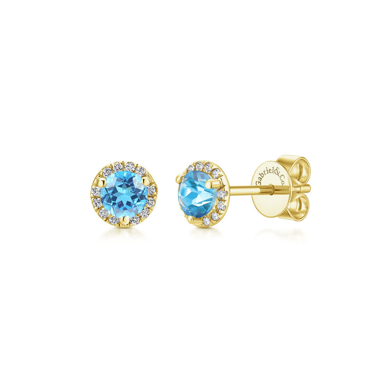 14K Yellow Gold Diamond and Blue Topaz Stud Earrings
