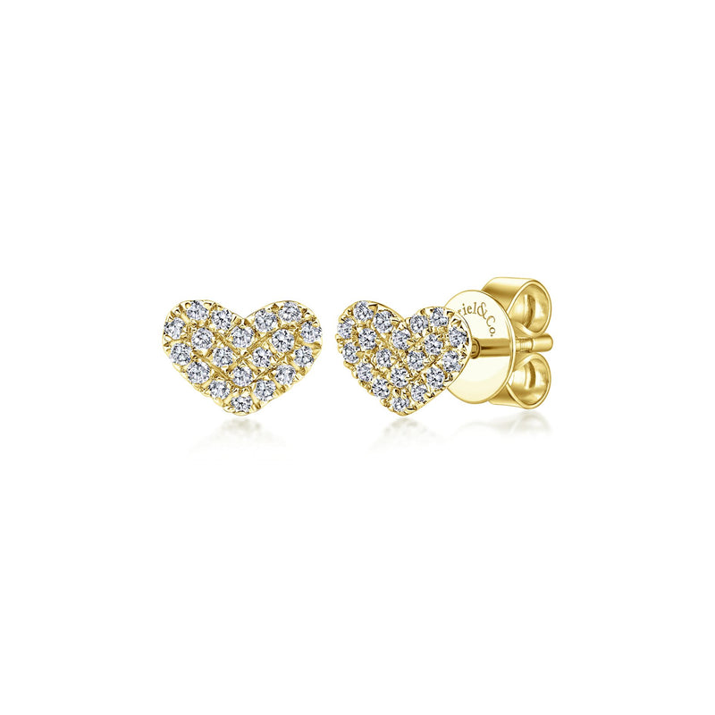 14K Yellow Gold Diamond Pave Heart Stud Earrings