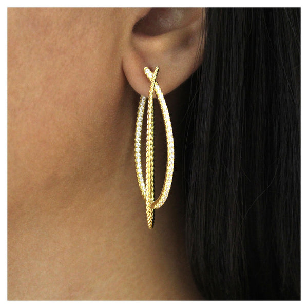 14K Yellow Gold Diamond Double Twisted Hoop Earring