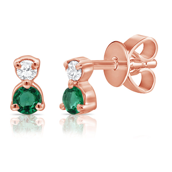 14K Rose Gold Diamond + Emerald Mini Stud Earrings