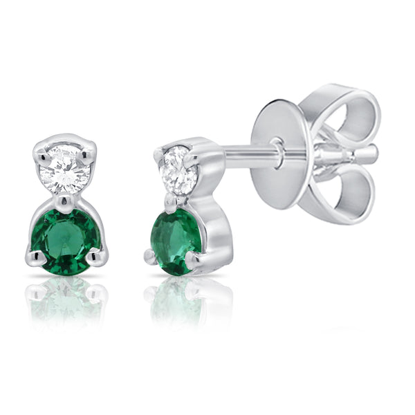 14K White Gold Diamond + Emerald Mini Stud Earrings-EARRINGS-Maurice's Jewelers-WHITE GOLD-