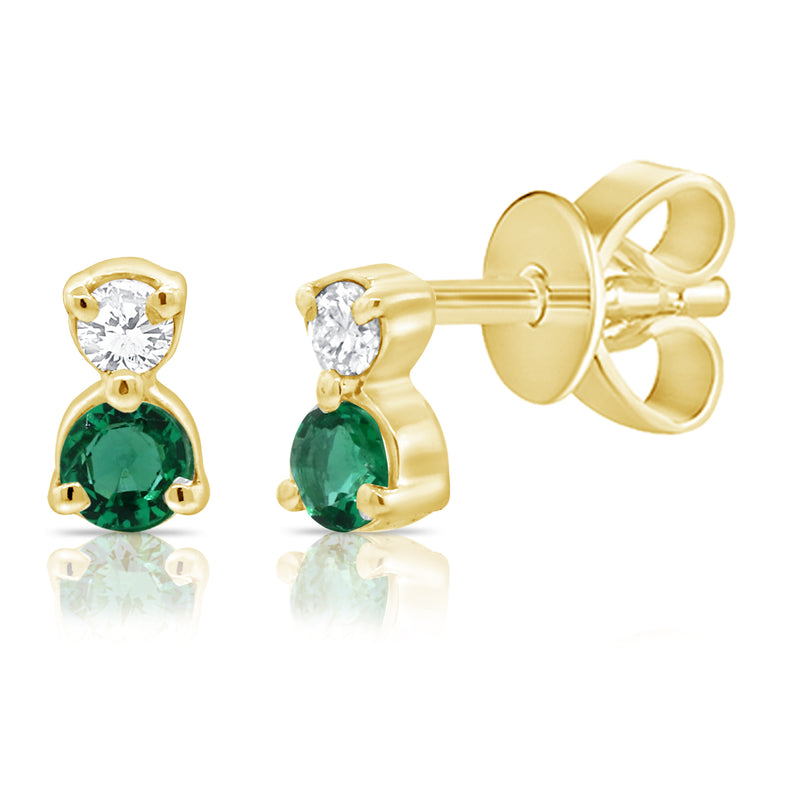 14K Yellow Gold Diamond + Emerald Mini Stud Earrings