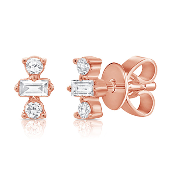 14K Rose Gold Round+Baguette Diamond Stud Earrings