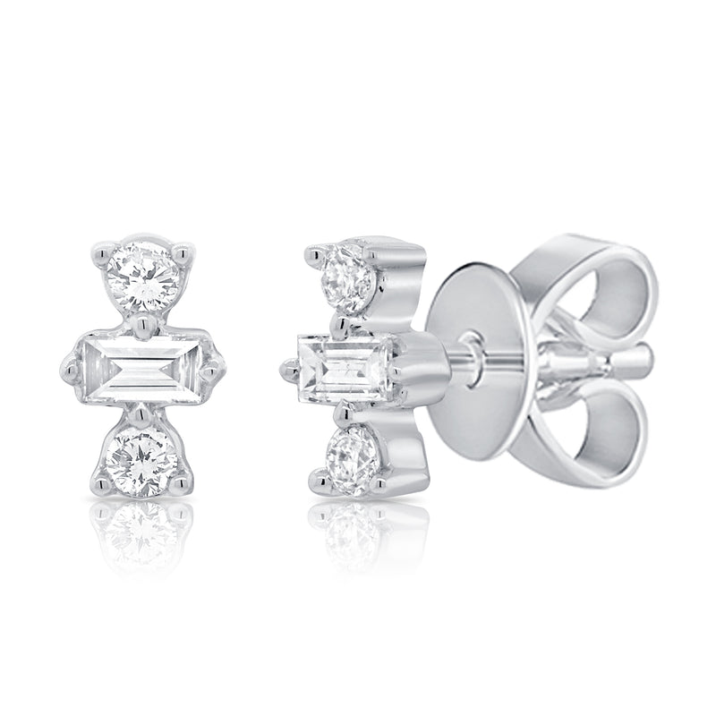14K White Gold Round+Baguette Diamond Stud Earrings-EARRINGS-aaron jewelry-WHITE GOLD-