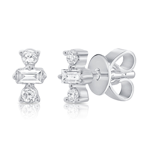 14K Yellow Gold Round+Baguette Diamond Stud Earrings-EARRINGS-aaron jewelry-WHITE GOLD-