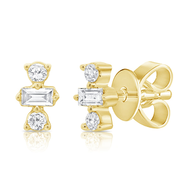 14K Yellow Gold Round+Baguette Diamond Stud Earrings-EARRINGS-aaron jewelry-YELLOW GOLD-