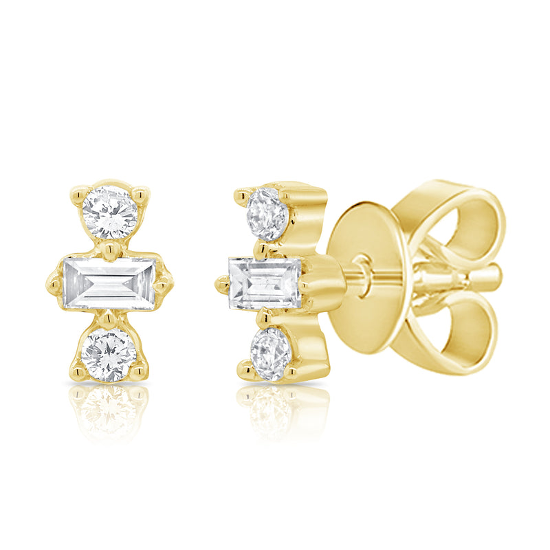 14K White Gold Round+Baguette Diamond Stud Earrings-EARRINGS-aaron jewelry-YELLOW GOLD-