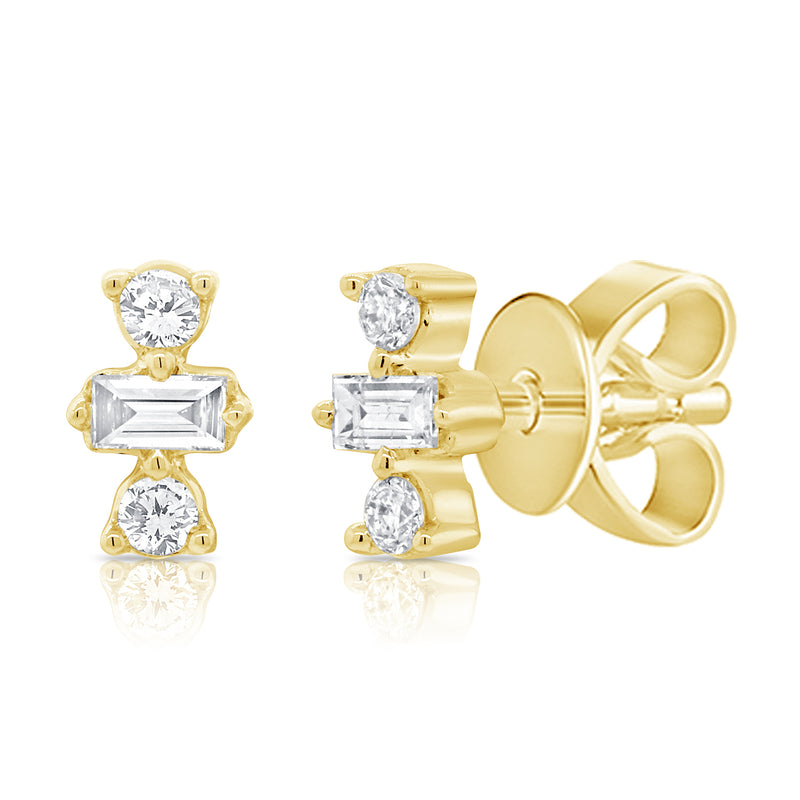 14K White Gold Round+Baguette Diamond Stud Earrings