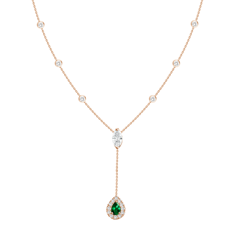 18K Rose Gold Diamond + Emerald Y Necklace-Necklaces-UNISON (CBG)-ROSE GOLD-