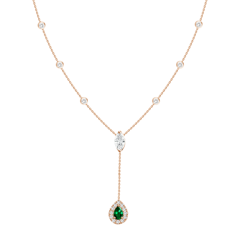 18K White Gold Diamond + Emerald Y Necklace