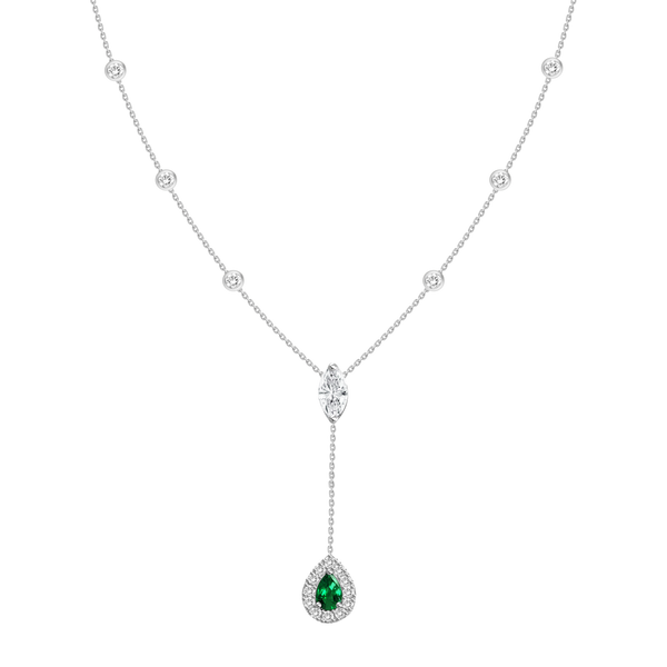 18K Rose Gold Diamond + Emerald Y Necklace-Necklaces-UNISON (CBG)-WHITE GOLD-