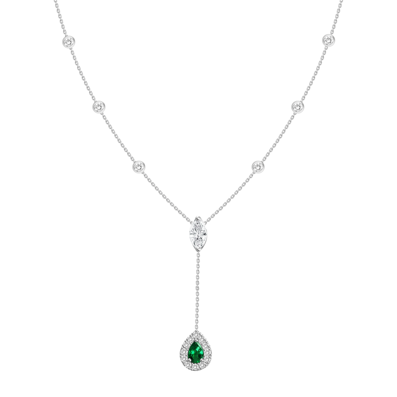 18K Rose Gold Diamond + Emerald Y Necklace-Necklaces-UNISON (CBG)-WHITE GOLD-