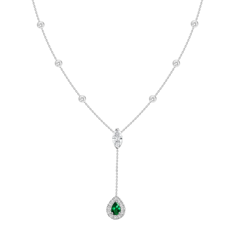 18K Yellow Gold Diamond + Emerald Y Necklace