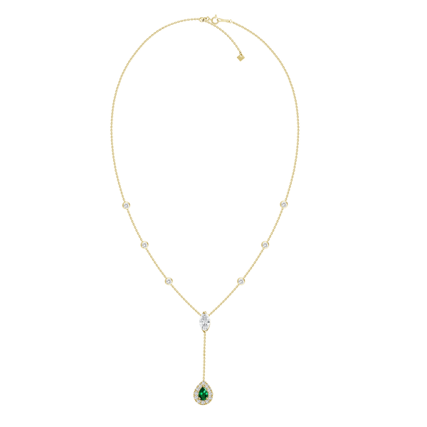 18K White Gold Diamond + Emerald Y Necklace