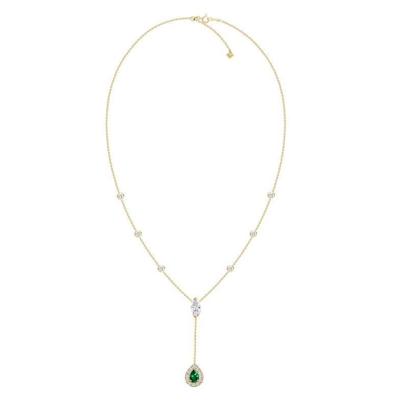 18K Rose Gold Diamond + Emerald Y Necklace-Necklaces-UNISON (CBG)-YELLOW GOLD-