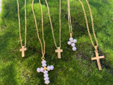 14K Yellow Gold Mini Pearl and Diamond Cross Necklace-Necklaces-lau international-