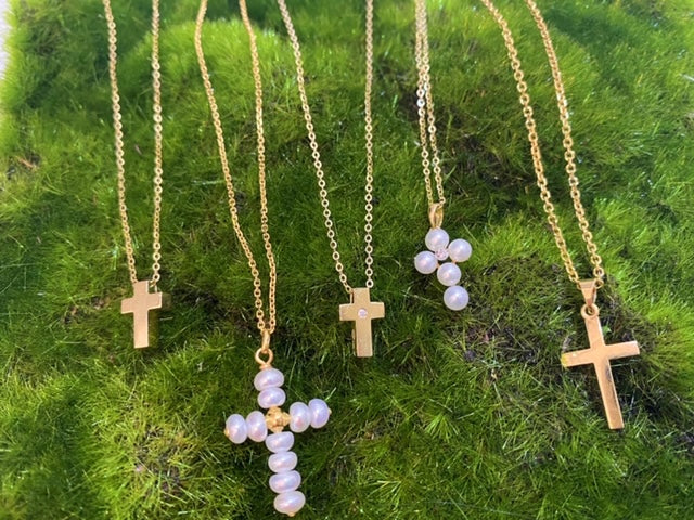 14K Yellow Gold Mini Pearl and Diamond Cross Necklace-Necklaces-lau international-