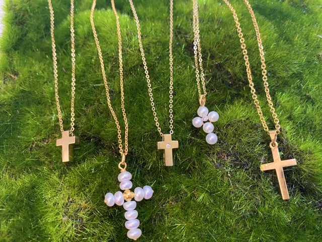 14K Yellow Gold Mini Pearl and Diamond Cross Necklace