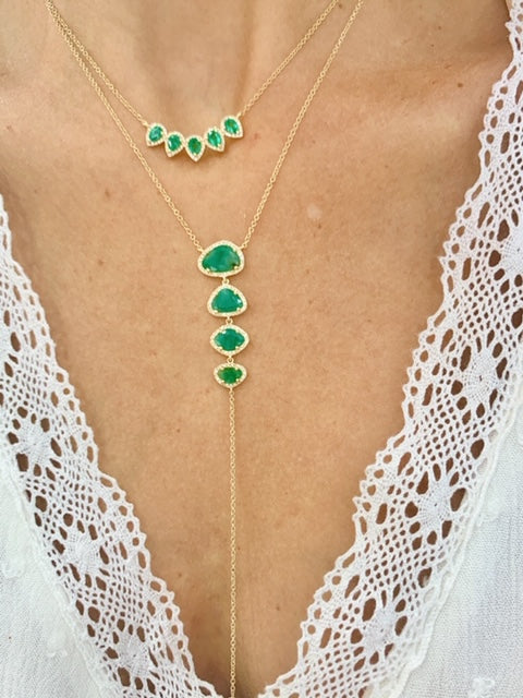 14K Yellow Gold Diamond + Emerald Lariat Necklace