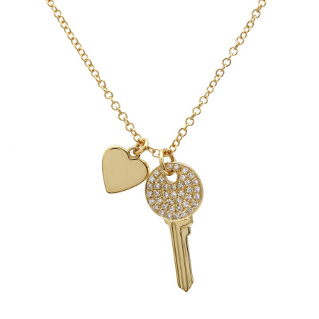 14K Yellow Gold Mini Diamond Key and Heart Pendant