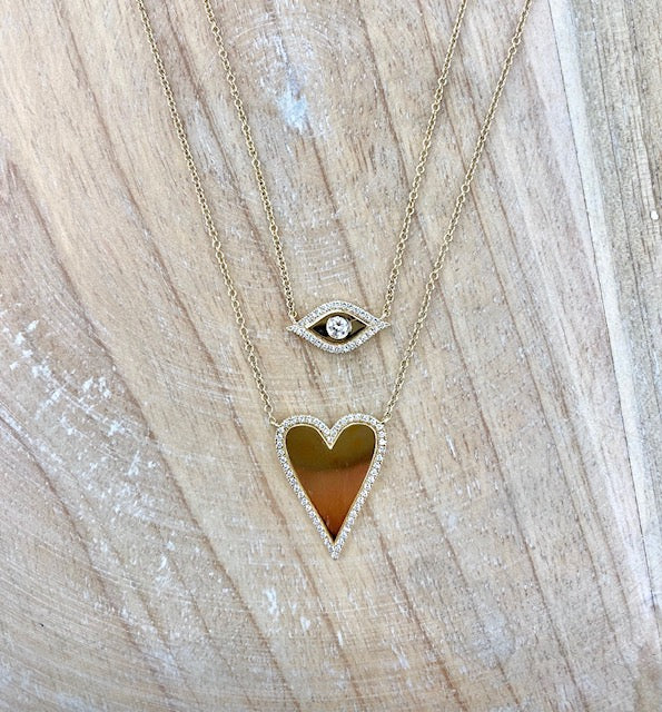 14K Yellow Gold Diamond Border and Polished Heart Necklace-Necklaces-first image design corp-